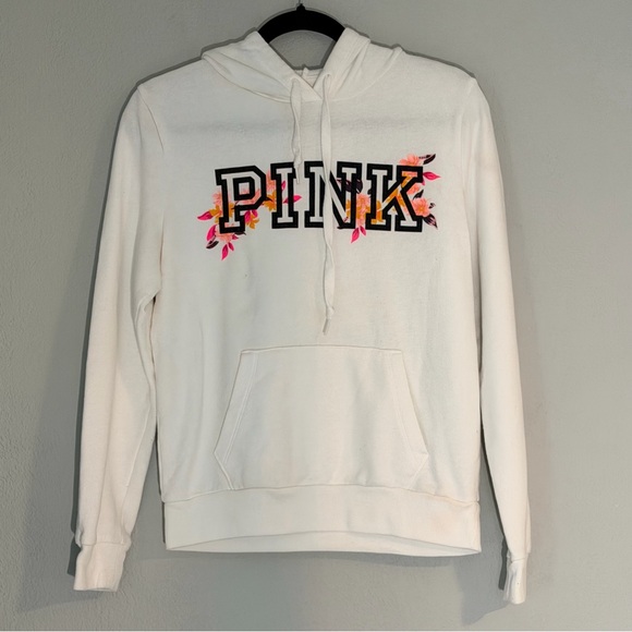 PINK Victoria's Secret Tops - Victoria's Secret PINK Women White Floral Logo Hoodie Pullover Sweatshirt in S
